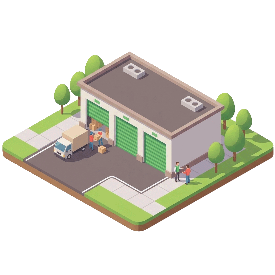 Изометрическая иллюстрация складского комплекса MeBox с контейнерами и грузовиками.