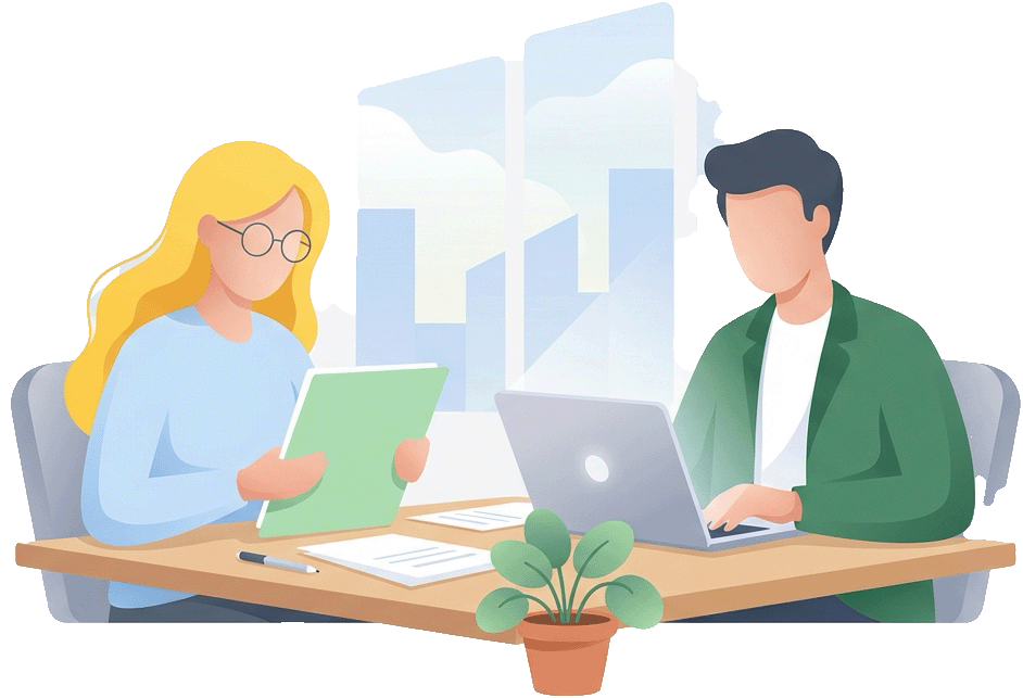 Два менеджера, мужчина и женщина, сидят за столом и обсуждают выбор склада.